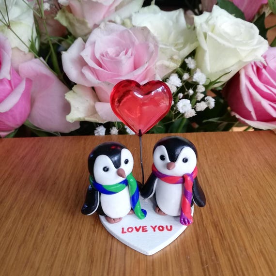 Handcrafted Polymer Clay Penguin Couple: "LOVE YOU" Figurine