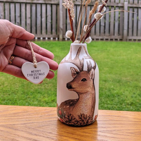 Personalised Ceramic Flower Vase – Reindeer Design, milk bottle shape.