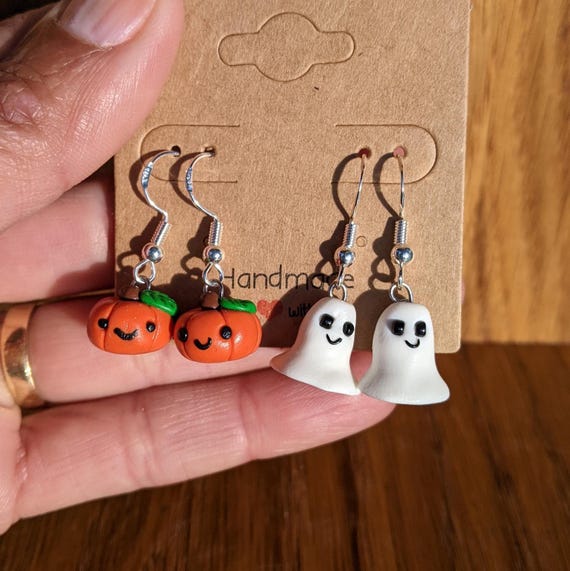 Mini Ghost and Pumpkin Earrings: Handmade Polymer Clay Halloween Dangles
