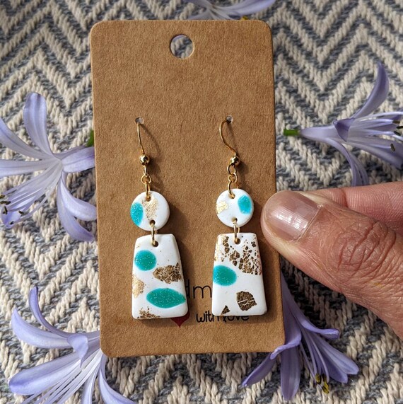 Handmade Polymer Clay Earrings with Gold Foil & Turquoise, Lightweight Dangle Earrings, Modern Geometric Summer Jewellery