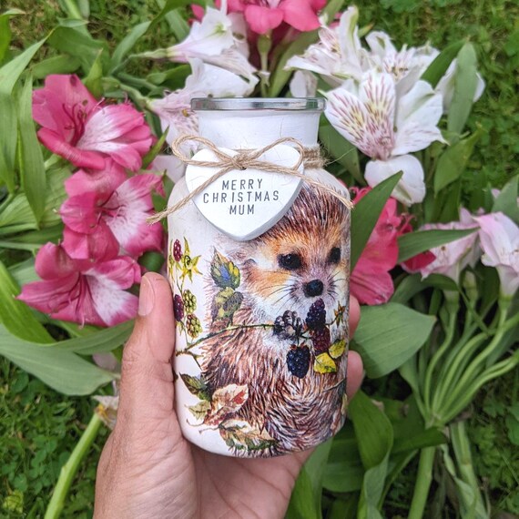 Handmade Hedgehog Floral Glass Jar – Decoupage Wild Animal Vase design with personalised clay heart