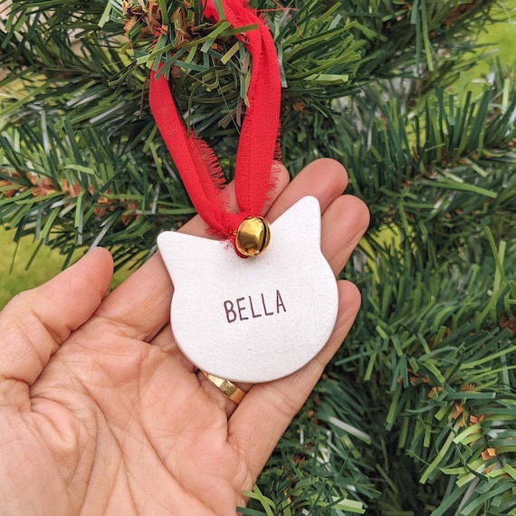 Personalised Pet Ornament, Handcrafted Cat shape Christmas Decoration, pet gift tag