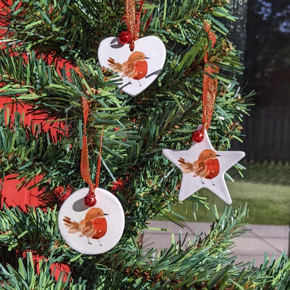 Handcrafted Holiday Robin Trio in different shapes– Decoupage & Bubble‑Clay Alternative, Robin tags