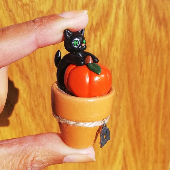 Mini Black Cat with Pumpkin: Handmade Halloween Desk Decor, plant companion.