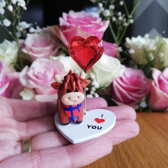Polymer Clay Highland Cow Figurine: 'I Love You' Gift,  Miniature Heiland Coo