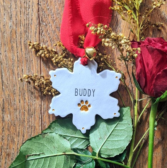 Personalised Pet Christmas Ornament, Pet Name Snowflake, Handmade Clay Tree Decoration
