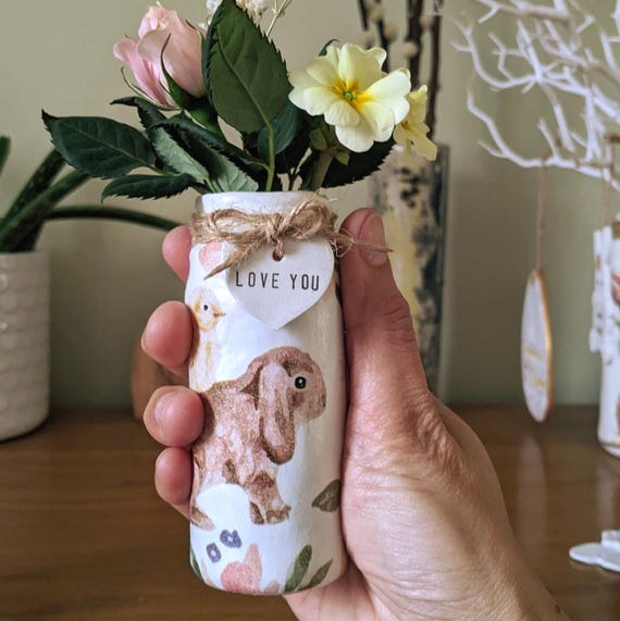 Handmade small Easter Glass Vase – Bunny & Chick Spring Design