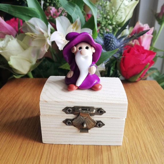 Handcrafted Caledonian Wizard Gnome in a chest: Polymer Clay Figurine with semi precious stone, gonk.