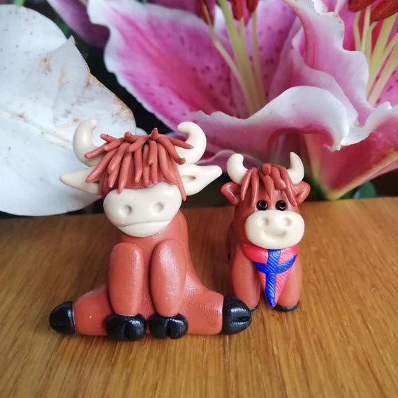 Polymer Clay Highland Cow Family Figurine: Mum & Baby Heiland Coo