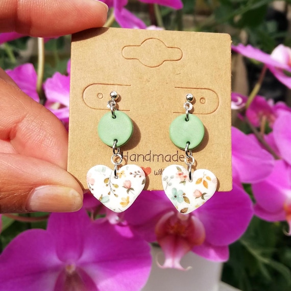 Sage Green Flower Earrings – Polymer Clay Studs in Unique Shapes, for spring outfit.