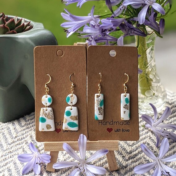 Handmade Polymer Clay Earrings with Gold Foil & Turquoise, Lightweight Dangle Earrings, Modern Geometric Summer Jewellery