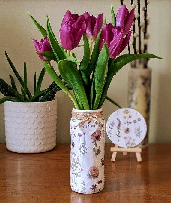 Handmade personalised Floral Glass vase – Decoupage Wildflower bees Design, gift for her