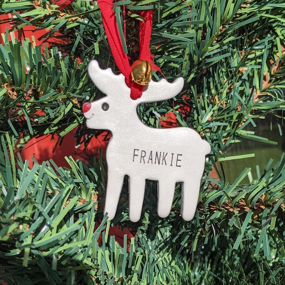 Personalised Reindeer Christmas Ornament, Kids Name Bauble, Handmade Clay Tree Decoration