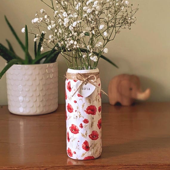 Handmade personalised Poppy Glass vase – Decoupage flower spring Design, gift for her