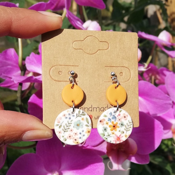 Ochre yellow Flower Earrings – Polymer Clay Studs in Unique Shapes, for spring outfit.