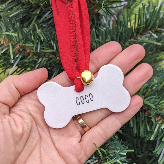 Personalised Christmas Pet Ornament, Handcrafted Dog bone Decoration, pet gift tag