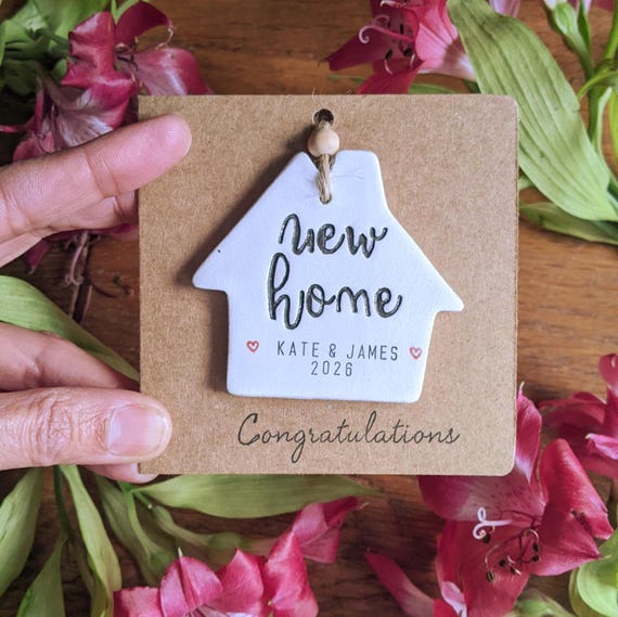 Handmade Rustic New Home Ornament Card, Personalised Clay House Sign, Pet Option