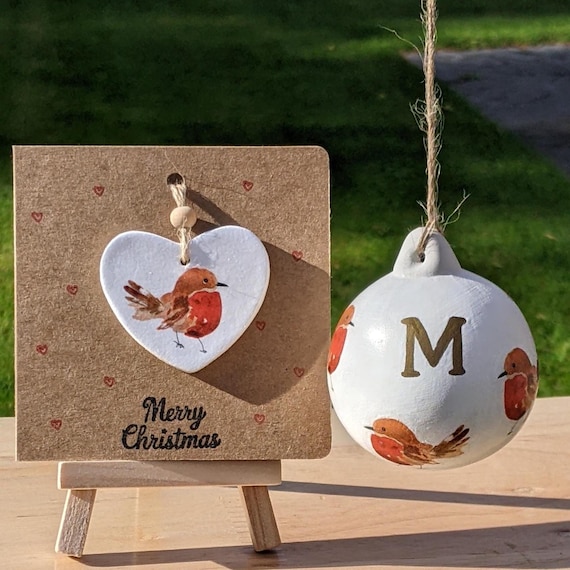 Personalised Ceramic Robin Bauble set with card | Optional Gold Initial | Handmade Christmas Ornament