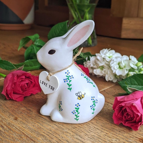 Personalised Ceramic Bunny, Hand-Painted Forget Me Not Rabbit, Spring Decor Keepsake