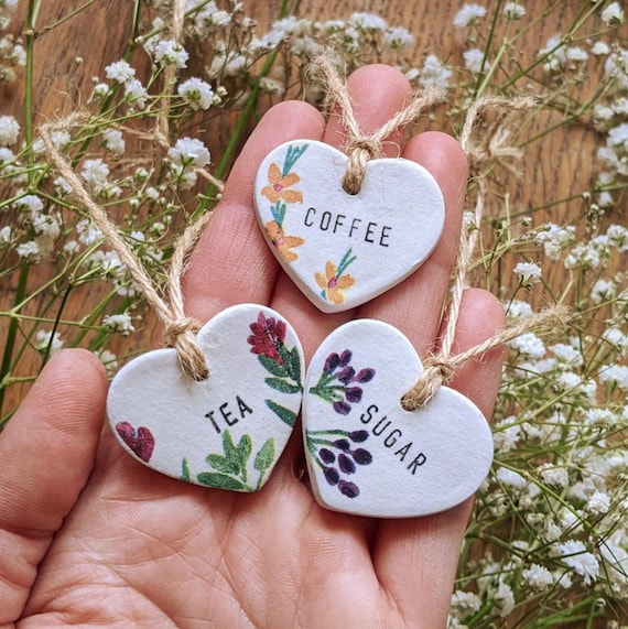 Hand‑Made small personalised Tea Coffee sugar clay label tags– flower Decoupage
