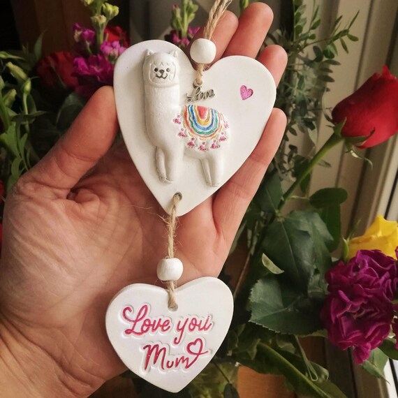Handcrafted Llama - alpaca Clay Decoration: Hanging Hearts, gift for her