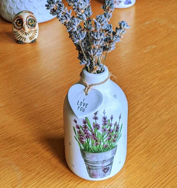 Personalised Ceramic Flower Vase – Lavender Design, milk bottle shape.