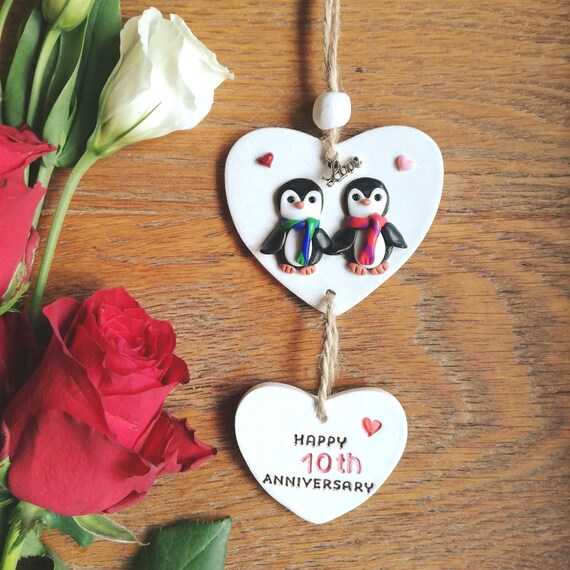 Personalised Penguin Couple Clay Heart Ornament, Anniversary Gift, For penguin lovers