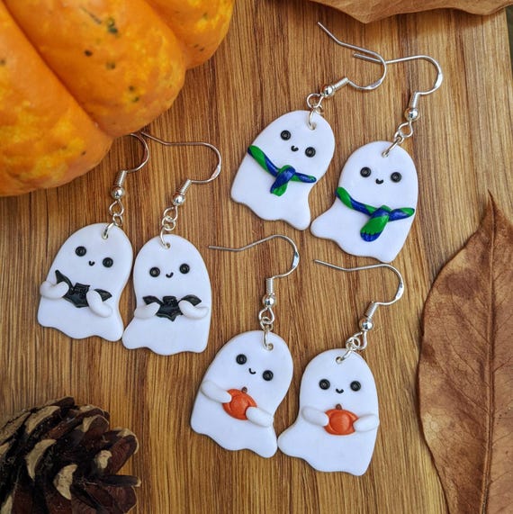 Hand‑crafted Polymer Clay Ghost Dangle Earrings: Spooky Halloween Jewelry