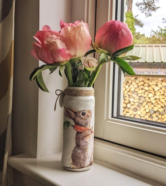 Handmade rustic Hare personalised Glass vase – Decoupage Bunny Design, gift for her