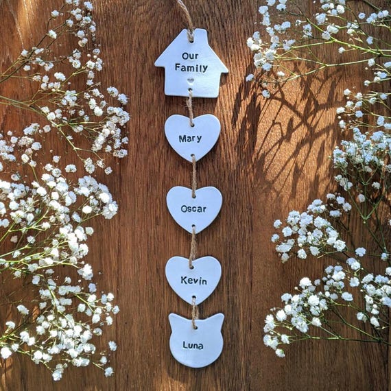 Personalised Heart Clay Family and Pets Wall Hanging, Housewarming Gift, Father's day