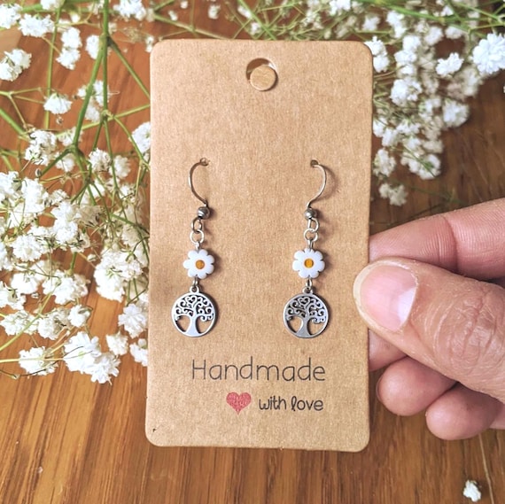 Tree of Life Drop Earrings with a tiny white Glass Daisy, spring outfit