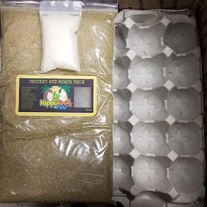 May include: A clear plastic bag filled with a light brown cricket and roach chow. The bag has a yellow label with the text "Cricket and Roach Chow" and the logo "Happy Rock Pet".