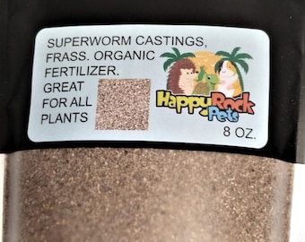 May include: A brown bag with a white label that reads "SUPERWORM CASTINGS, FRASS. ORGANIC FERTILIZER. GREAT FOR ALL PLANTS Happy Rock Pets 8 OZ."