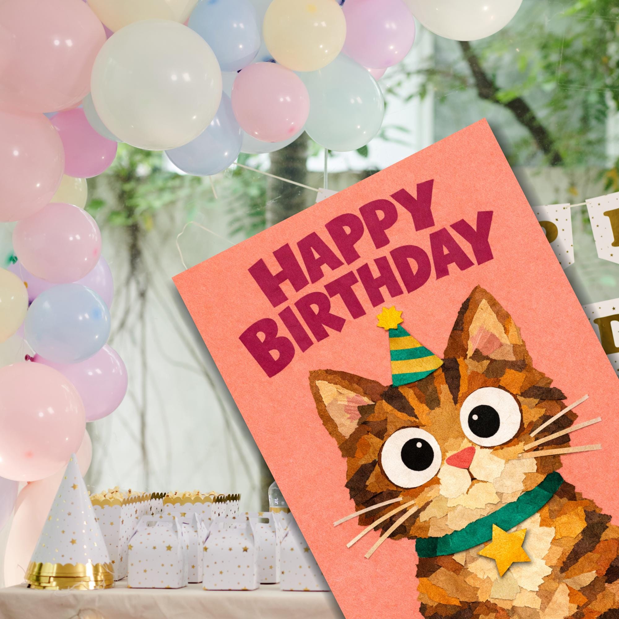 Printable Cat Birthday Card Paper Collage Style Greeting for Cat Lovers ...