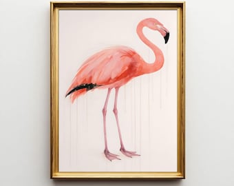May include: A framed watercolor painting of a flamingo. The bird is depicted in shades of pink and red, with a black accent on its wing. The artwork is set against a white background with subtle vertical streaks, and framed in a gold-colored frame.