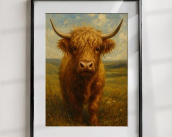 Stampa digitale di mucca delle Highlands, decorazione murale rustica in stile fattoria, scozzese, arredamento boho cottagecore, download immediato