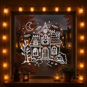Puede incluir: Un adhesivo para ventana con una ilustración de líneas blancas de una casa encantada, una luna creciente, murciélagos, calabazas y una lápida marcada con RIP, enmarcado por una cadena de luces cuadradas de brillo cálido.