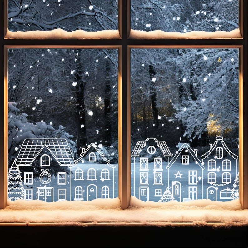 May include: A white window decal featuring a line drawing of a row of houses and evergreen trees. The design includes detailed windows, doors, and festive wreaths, applied to a window pane overlooking a snowy, forested landscape during a snowfall.