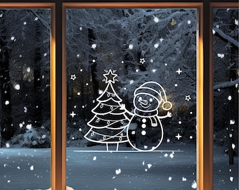 Chalk Template Christmas snowman with tree for window decoration