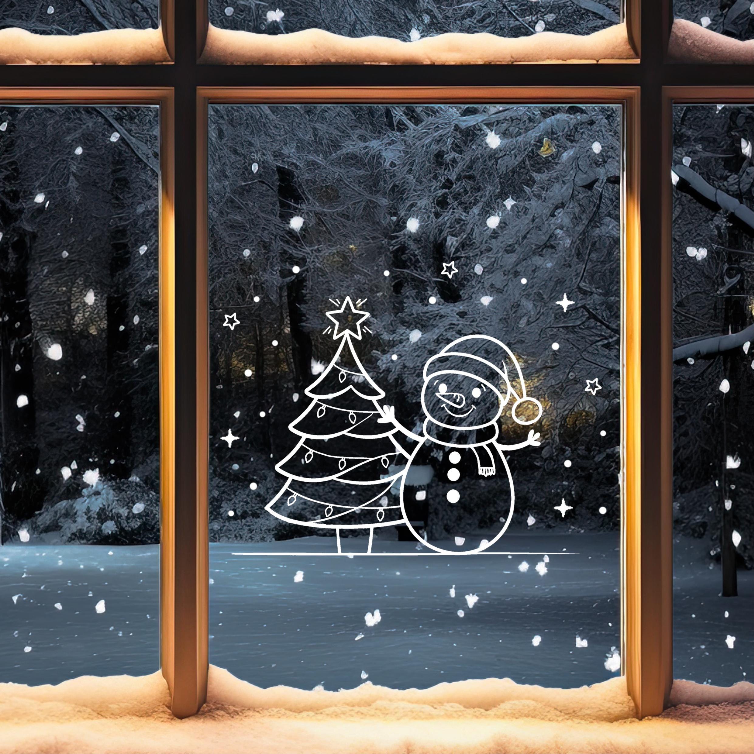 Chalk Template Christmas snowman with tree for window decoration