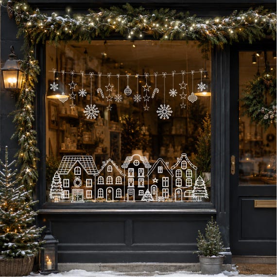 Chalk Template Christmas town houses window decoration - Instant digital download
