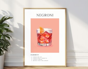 Negroni Cocktail Print, Retro Bar Art, Minimalist Decor, Printable Poster, Bar Cart Digital Download, Trendy Party Drink Sign