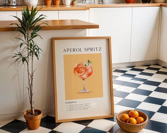Aperol Spritz-cocktailprint, retro barkunst, minimalistische inrichting, afdrukbare poster, barwagen digitale download, trendy feestdrankje