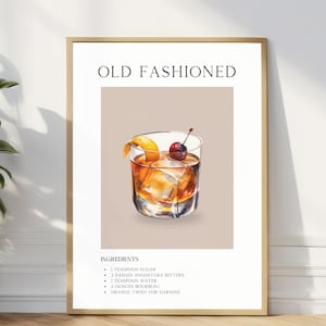 Old Fashioned Cocktail Print, Retro Bar Art, Minimalist Decor, Printable Poster, Bar Cart Digital Download, Trendy Party Drink Sign