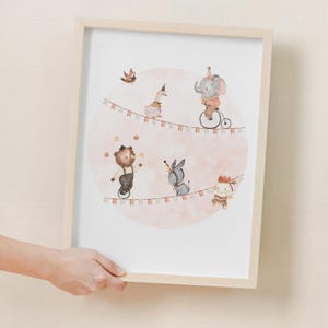 Póster de animales de circo lindos / Arte de acuarela para guardería / Colores suaves / Bebé / Animales lindos / Habitación de guardería / Descarga digital / Imprimible
