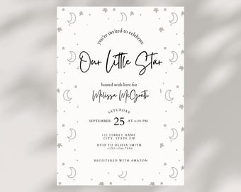 May include: A light cream-colored invitation card with the text "Our Little Star" in elegant script. The card is decorated with gray moons and stars. The invitation is for Melissa McGrath, with the date and time of the event clearly displayed.