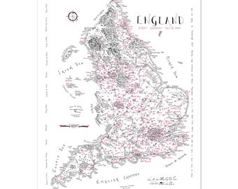 England Hand-Drawn Map Print: Mountains, Rivers, Fantasy, Book Lover, Unique, Detailed (A3/A2)