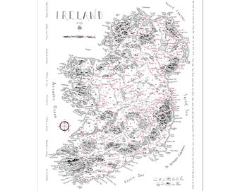 Ireland Hand-Drawn Map Print: Mountains, Rivers, Fantasy, Book Lover, Unique, Detailed (A3/A2)