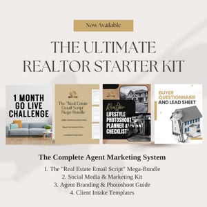 May include: An image advertising a realtor starter kit. The text says "The Ultimate Realtor Starter Kit" and features marketing resources like a "1 Month Go Live Challenge," "Real Estate Email Script Mega-Bundle," and a "Lifestyle Photoshoot Planner & Checklist."