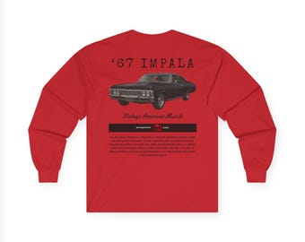 67 Red Impala Classic Car Long Sleeve Tee (Back) - Vintage American Muscle